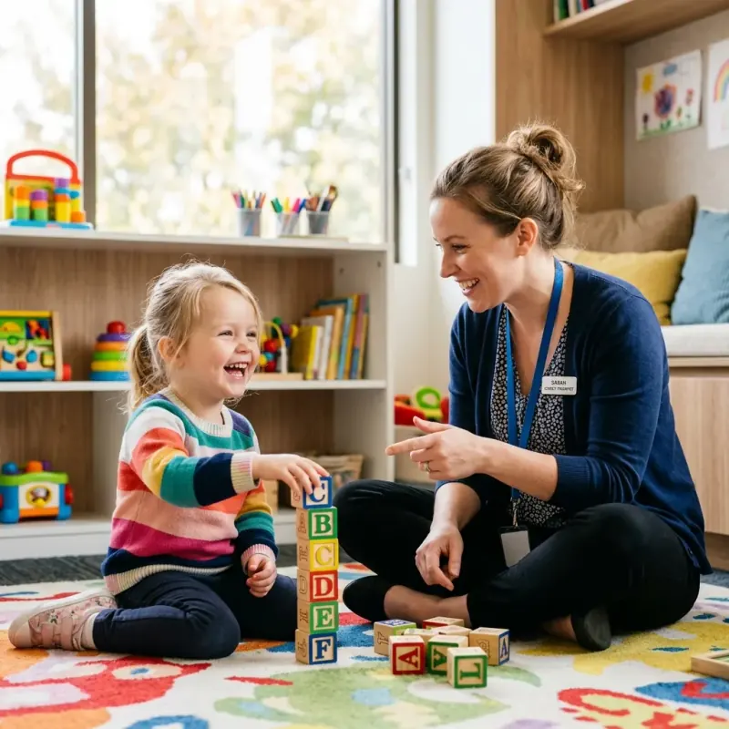 Speech therapy with child stacking blocks