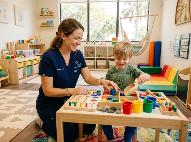 Pediatric occupational therapist practicing fine motor skills with child in South Miami