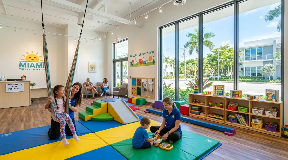 Modern pediatric therapy sensory gym at SoMi Pediatric Therapy in South Miami with therapy swing, floor mats, and learning tools