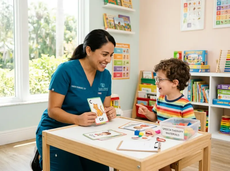 Pediatric speech-language pathologist practicing articulation and communication with child in South Miami